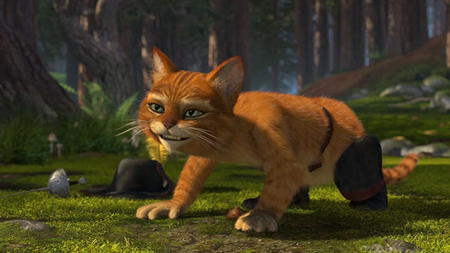 Shrek 2 - cartoon ginger tabby cat Puss in Boots after hacking up hairball