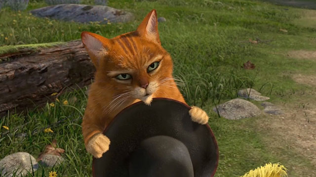 Shrek 2 - cartoon ginger tabby cat Puss in Boots holding hat