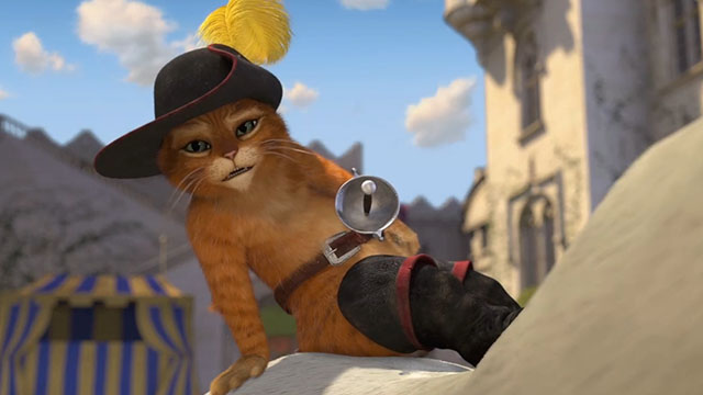 Shrek 2 - cartoon ginger tabby cat Puss in Boots on back of horse