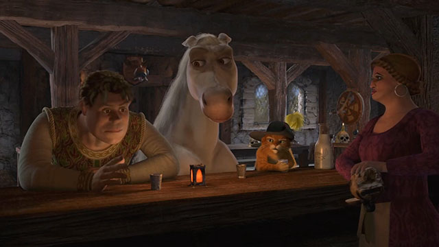 Shrek 2 - cartoon ginger tabby cat Puss in Boots with human Shrek, Ugliest Stepsister and horse Donkey in pub