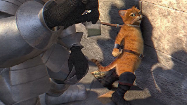 Shrek 2 - cartoon ginger tabby cat Puss in Boots being arrested