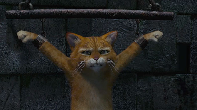 Shrek 2 - cartoon ginger tabby cat Puss in Boots in chains