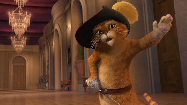 Shrek 2 - cartoon ginger tabby cat Puss in Boots in corridor with guards approaching