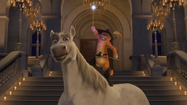 Shrek 2 - cartoon ginger tabby cat Puss in Boots holding up wand on back of horse Donkey