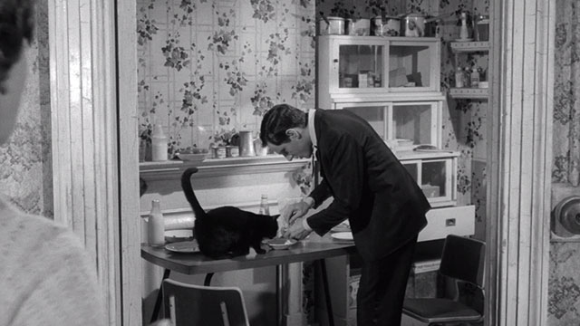 The Small World of Sammy Lee - black cat Oscar Sambo on table being fed by Sammy Anthony Newley