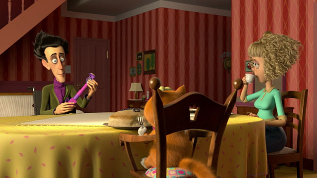 Marnies Welt - Spy Cat - cartoon ginger cat Marnie sitting at table with Rosalinde and Paul