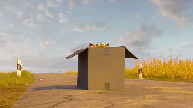 Marnies Welt - Spy Cat - cartoon ginger cat Marnie peeking out of cardboard box on road in middle of nowhere