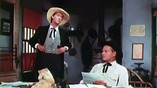 Stranger on Horseback - ginger tabby cat Orangey lying on desk in jailhouse with Rick Thorne Joel McCrea and Colonel Buck Streeter John Carradine