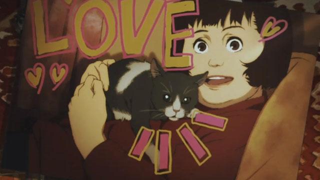 Tokyo Godfathers - cartoon photo of Miyuki holding gray and white cat Angel