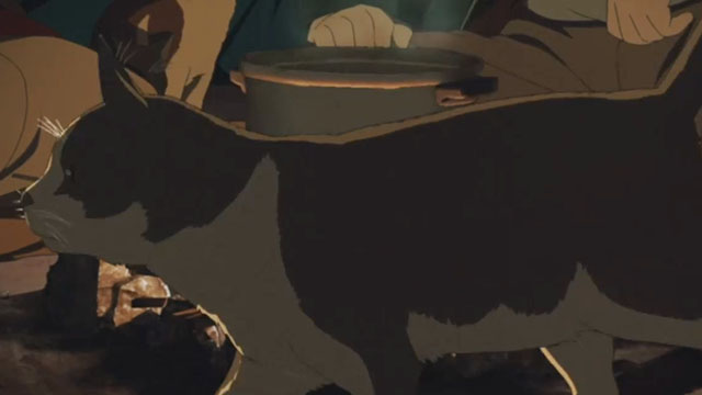 Tokyo Godfathers - cartoon gray and white cat walking past camera