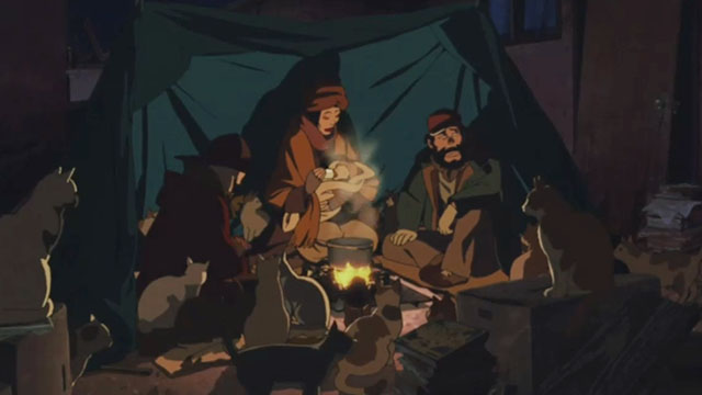 Tokyo Godfathers - cartoon Hana, Gin and Miyuki sitting by fire surrounded by cats