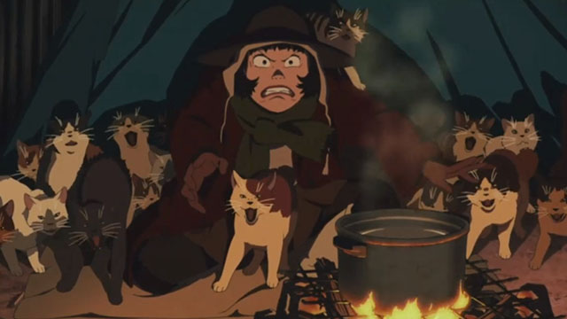 Tokyo Godfathers - Miyuki surrounded by angry cartoon cats