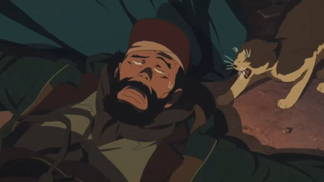 Tokyo Godfathers - cartoon gray and white cat hissing at Gin