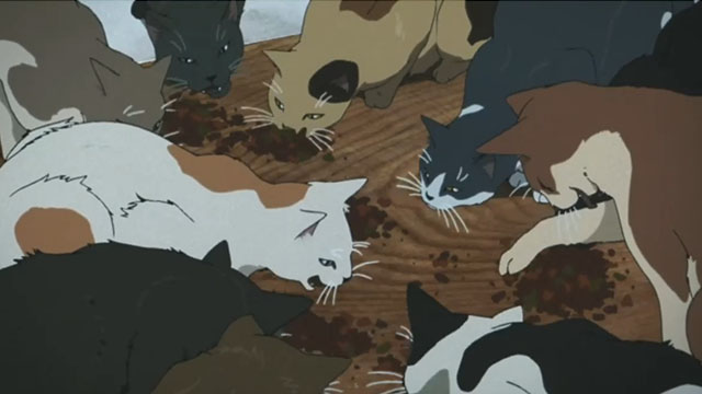 Tokyo Godfathers - cartoon stray cats eating dry food