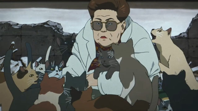 Tokyo Godfathers - older woman surrounded by cartoon cats