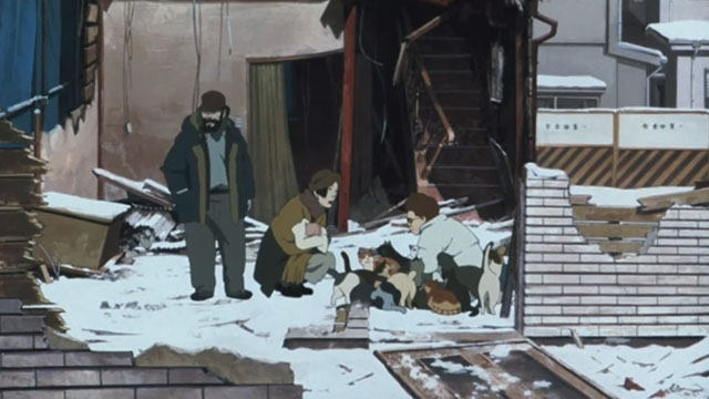 Tokyo Godfathers - Hana and Gin with older woman surrounded by feral cats she is feeding