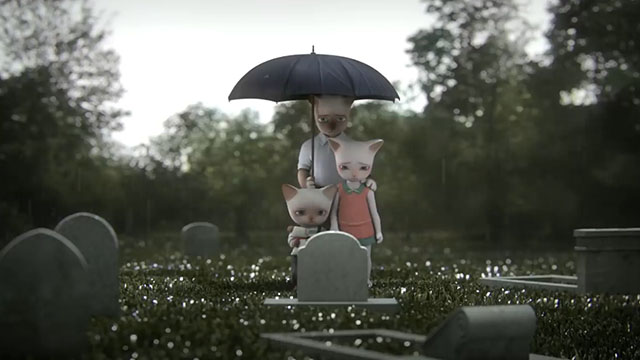 Trois Petits Chats - Three Little Cats - father, daughter and young boy porcelain cats at graveside