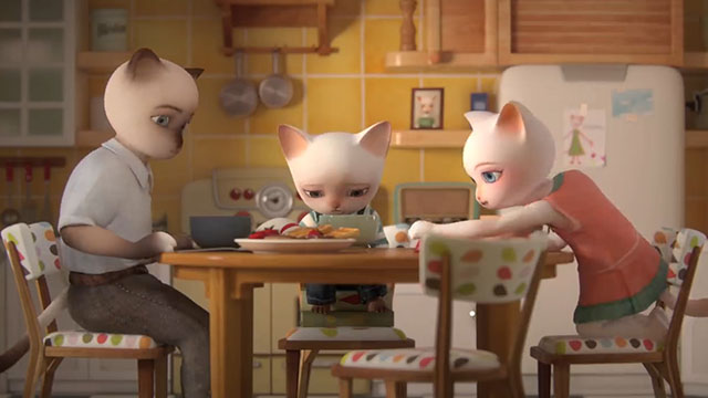 Trois Petits Chats - Three Little Cats - father, daughter and young boy porcelain cats eating breakfast