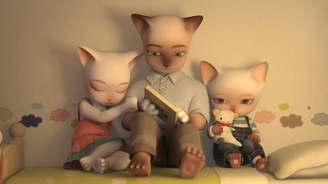 Trois Petits Chats - Three Little Cats - father, daughter and young boy porcelain cats bedtime story