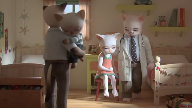 Trois Petits Chats - Three Little Cats - father, daughter and young boy porcelain cats with doctor