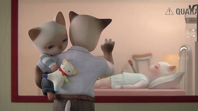 Trois Petits Chats - Three Little Cats - father and young boy porcelain cats looking at daughter in hospital quarantine