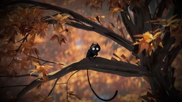 Under the Thicket - black cat with glowing eyes in tree