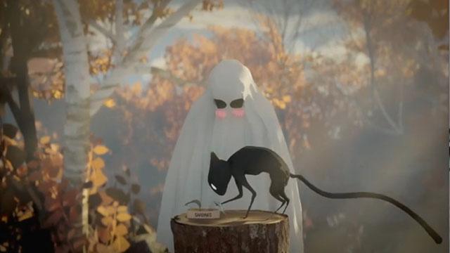 Under the Thicket - ghost giving black cat sardines in woods