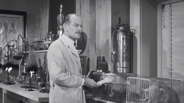 The Werewolf - Dr. Chambers George Lynn feeding tabby cat through wires in cage