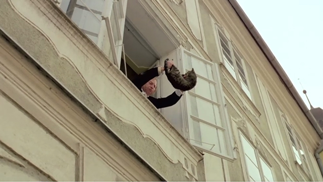 Woyzeck - doctor Willy Semmelrogge holding tabby cat out of second story window