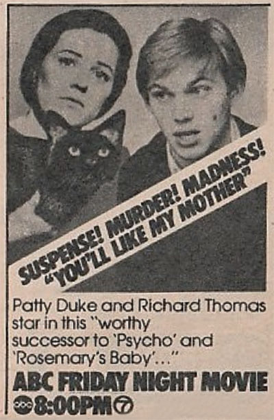 You'll Like My Mother - TV Guide ad for television airing with seal point Siamese cat, Francesca Patty Duke and Kenny Richard Thomas