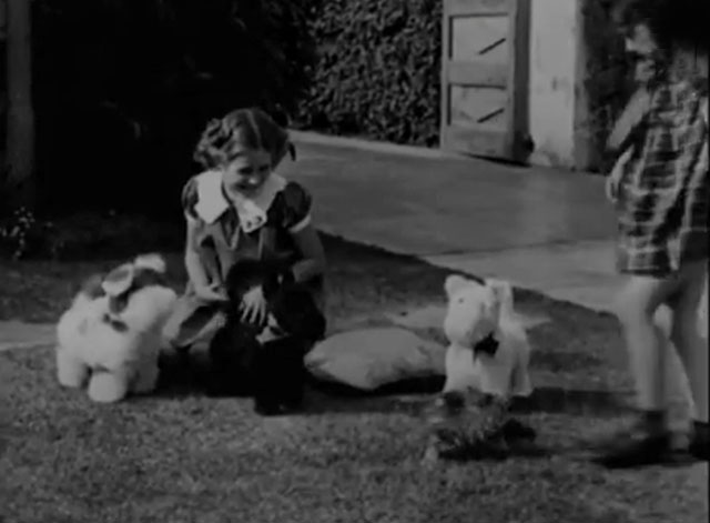 The Zoo's Who! - tabby cat on lawn with little girls scared of toy dogs