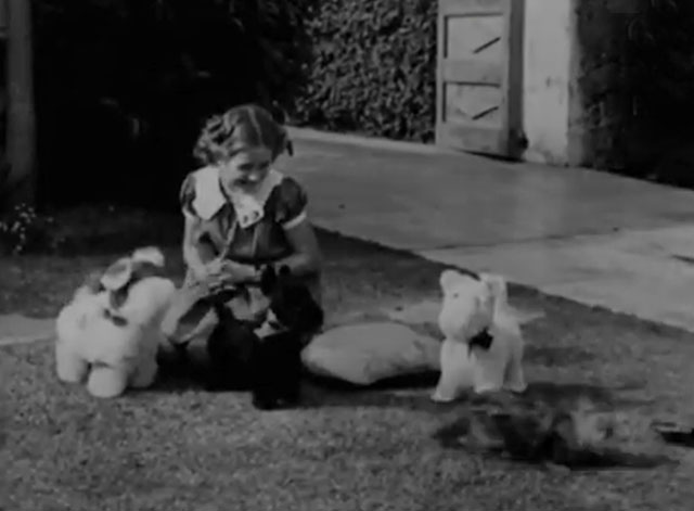 The Zoo's Who! - tabby cat on lawn running out of shot away from little girl and toy dogs