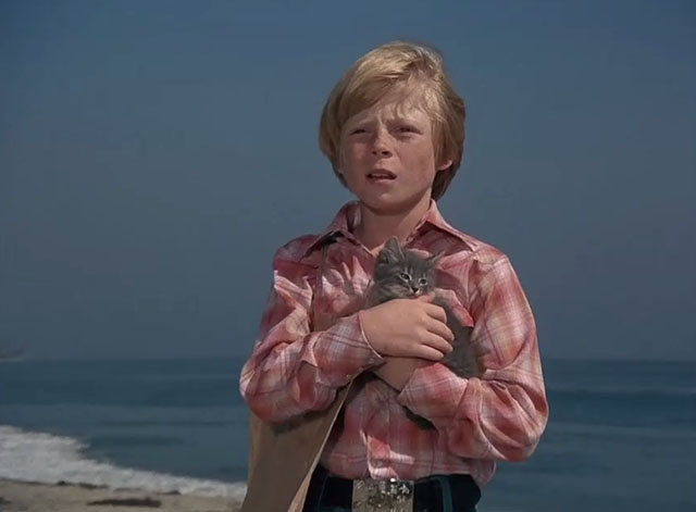 Charlie's Angels - To Kill an Angel - Skip Dennis Dimster holding grey tabby kitten on beach