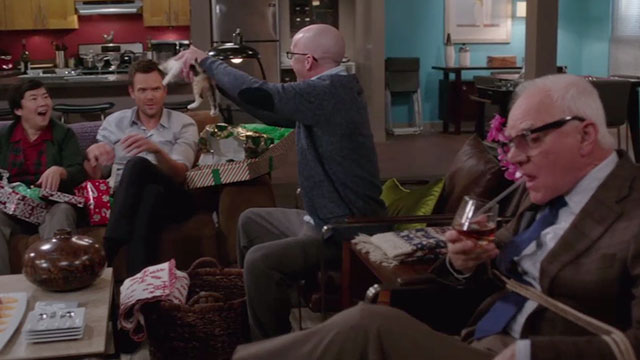 Community - Intro to Knots - Dean Pelton Jim Rash handing out kittens at Christmas to Jeff Joel McHale and Chang Ken Jeong