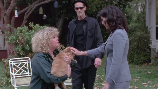 The Girlmore Girls - The Lorelai's First Day at Chilton - Babette Sally Struthers holding longhaired ginger tabby cat Cinnamon on lawn with Morey Ted Rooney and Lorelai Lauren Graham