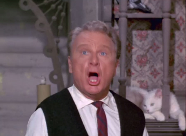 Green Acres - It's Human to be Humane - white cat on mantel behind Oliver Eddie Albert