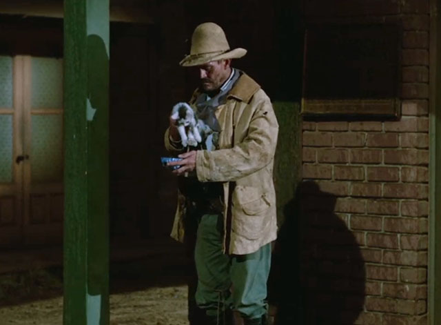 Gunsmoke - The Nightriders - Festus Ken Curtis holding white kitten with black markings and bowl