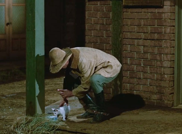 Gunsmoke - The Nightriders - Festus Ken Curtis setting white kitten with black markings and bowl on walk