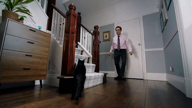 Inside No. 9 - Paraskevidekatriaphobia - Gareth Reece Shearsmith watching black cat head toward stairs