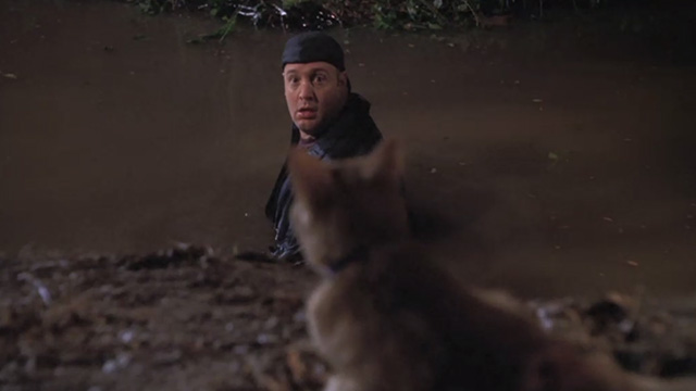 The King of Queens - Inn Escapable - Doug Kevin James in water looking at orange tabby cat Marmalade on bank