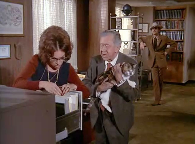 McCloud - Encounter with Aries - Gloria Jill Jaress looking for file for Forrest Cook holding calico cat as Dennis Weaver watches