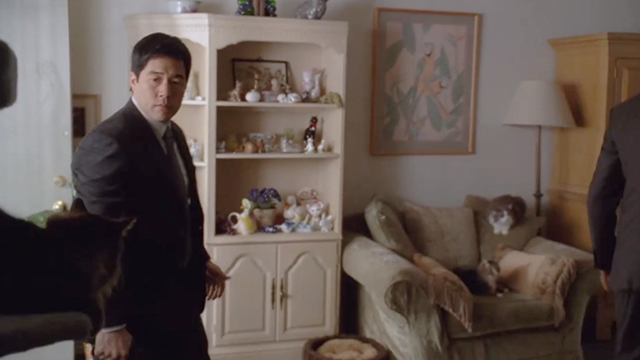 The Mentalist - Red Sky in the Morning - Cho Tim Kang looking at longhair black cat on cat tree with two other cats behind