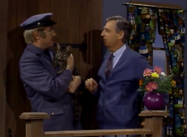 Mister Rogers' Neighborhood - Fred Rogers with Mr. McFeely holding Jimmy tabby cat at door