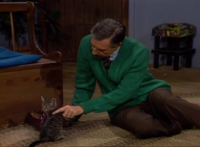 Mister Rogers' Neighborhood - Jimmy tabby kitten on floor being petted by Fred Rogers