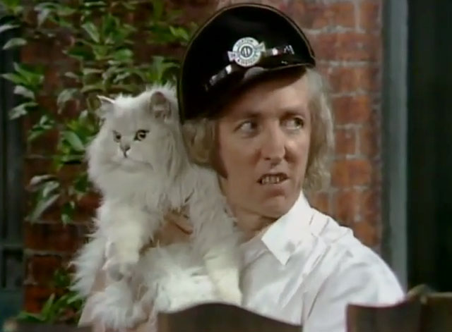 On the Buses - Gardening Time - Jack Bob Grant holding white Persian cat Tibbles