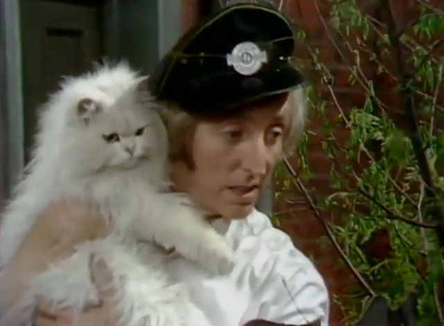 On the Buses - Gardening Time - Jack Bob Grant holding white Persian cat Tibbles