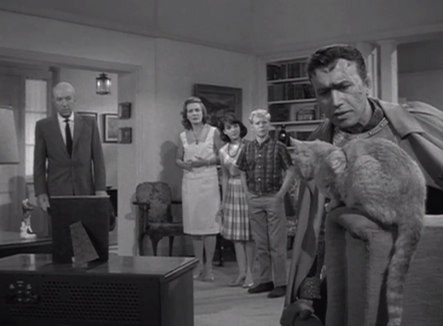 The Outer Limits - Soldier - Qualo Michael Ansara talking to tabby cat Macbeth Orangey with Tom Kagen Lloyd Nolan and family