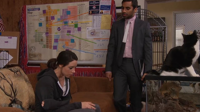 Parks and Recreation - Live Ammo - April Aubrey Plaza and Tom Aziz Ansari with tuxedo cat nearby