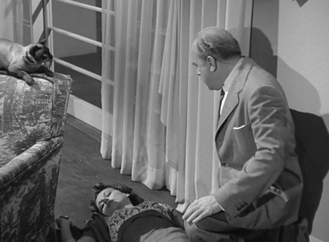 Perry Mason - The Case of the Golden Fraud - Elliott Alex Gerry looking over deceased Sylvia Joyce Meadows with Siamese cat looking down from chair
