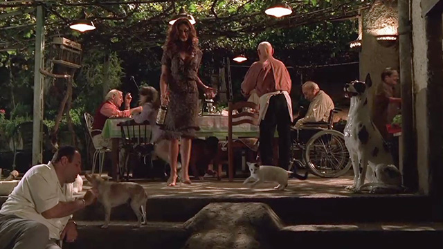 The Sopranos - Commendatori - white cat with black veering away from Tony Soprano James Gandolfini and dog as Annalisa Sofia Milos approaches